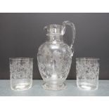 19th century etched glass water jug and pair of matching tumblers, 18cm high (3)