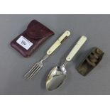 Late 19th / early 20th century ivory handled and steel campaign cutlery set win a leather pouch