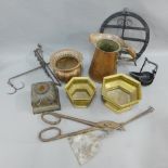 Mixed lot of metal wares to include two brass hexagonal planters, Arts & Crafts copper jug, iron