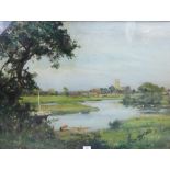 British School, Lake Scene with village and church in the distance, Oil on canvas, signed