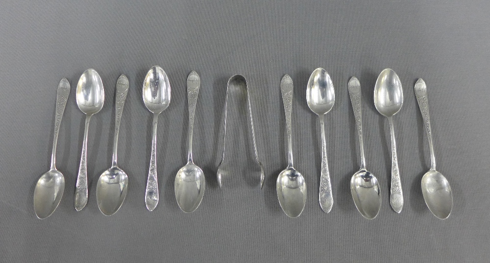 A set of ten Victorian silver teaspoons, Glasgow 1892, together with the matching silver sugar tongs