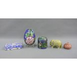 Mixed lot to include a cloisonne egg, jar and cover, rectangular enamel box, soapstone elephant