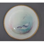 Royal Worcester Salmon pattern porcelain cabinet plate, signed J. Wilson, with gilt edged rim,