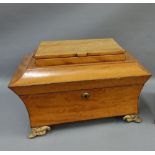 19th century mahogany sarcophagus box with a hinged lid, green painted interior and lift out tray,