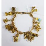 9ct gold charm bracelet complete with fourteen charms to include 11 gold and three unmarked