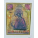 Kirsten Bell, Embroidered panel of a Saint, signed and dated '96, Framed under glass, 11 x 15cm