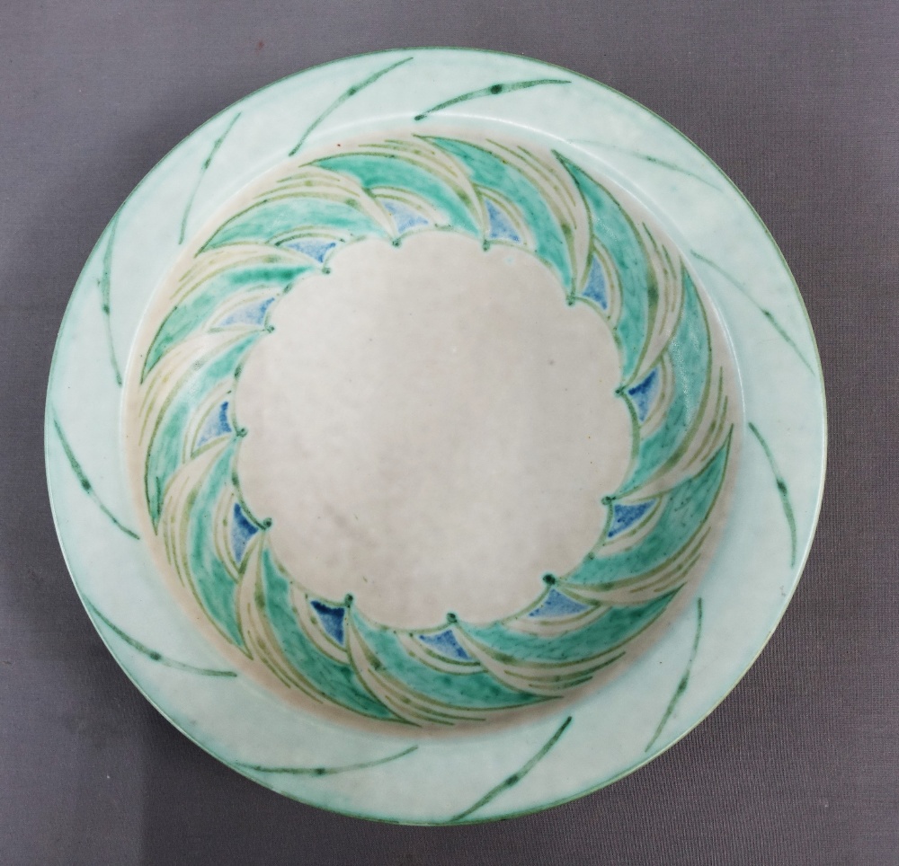 Pilkingtons Royal Lancastrian charger, shallow footed bowl by Gladys Rogers, with stylised green