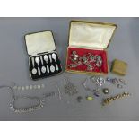 Quantity of silver and costume jewellery and a cased set of six shell spoons (a lot)