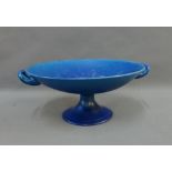 Pilkingtons Royal Lancastrian lapis glazed pedestal bowl with handles to side, impressed backstamps,