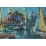 Hamish Lawrie (1919 - 1987) Boats in a Harbour, Pastel, signed bottom right, framed under glass,