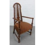 Walnut framed armchair with high back with canework panels, upholstered seat, 110 x 58cm