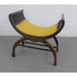 Mahogany inlaid stool of X shaped form, the curved seat with slats and yellow upholstery, 56 x 58cm