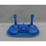 Pilkingtons Royal Lancastrian blue glazed dressing table set comprising a rectangular tray and