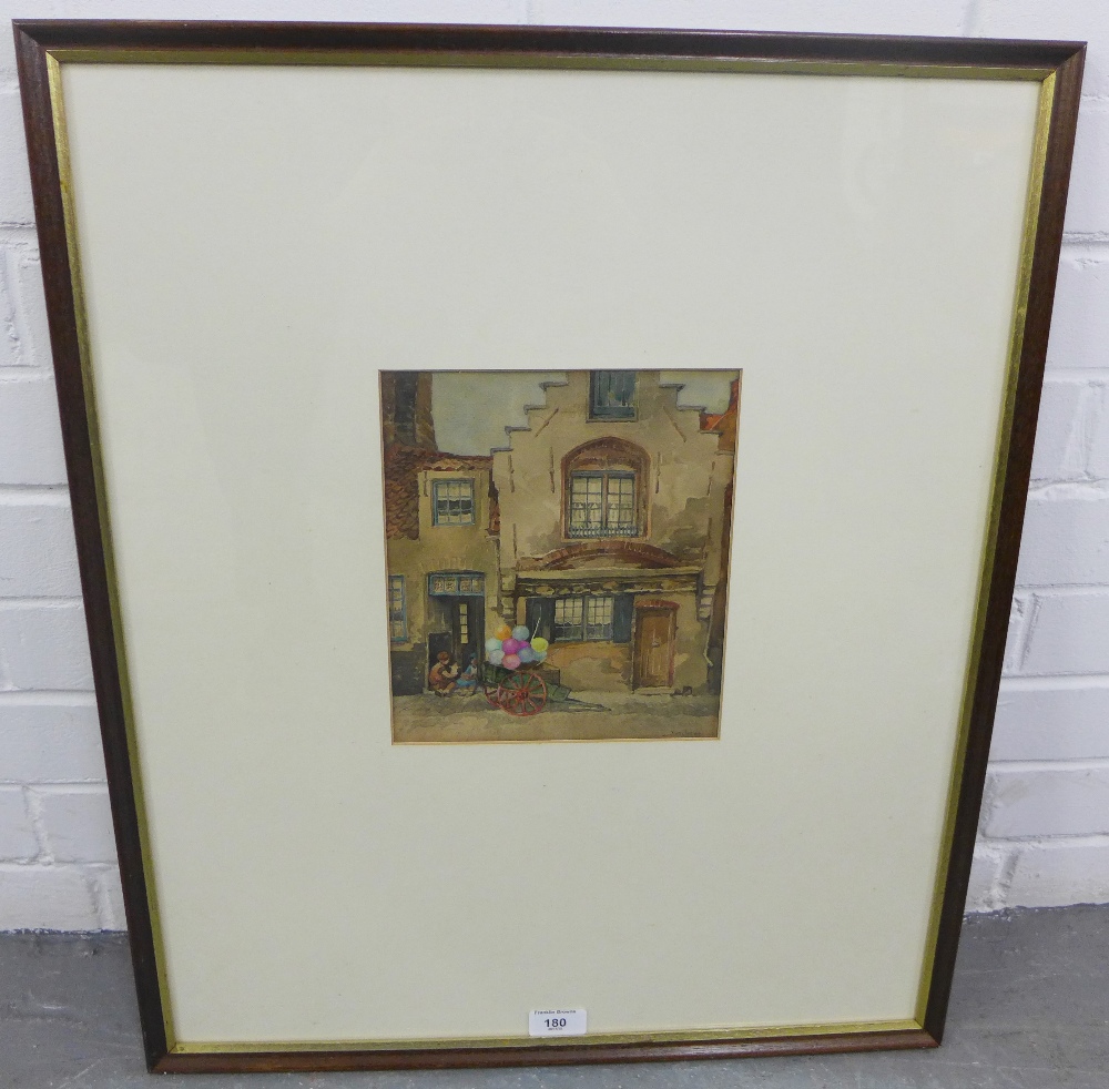 20th Century School, Street scene with children wheel barrow and balloons, watercolour, signed - Image 2 of 2