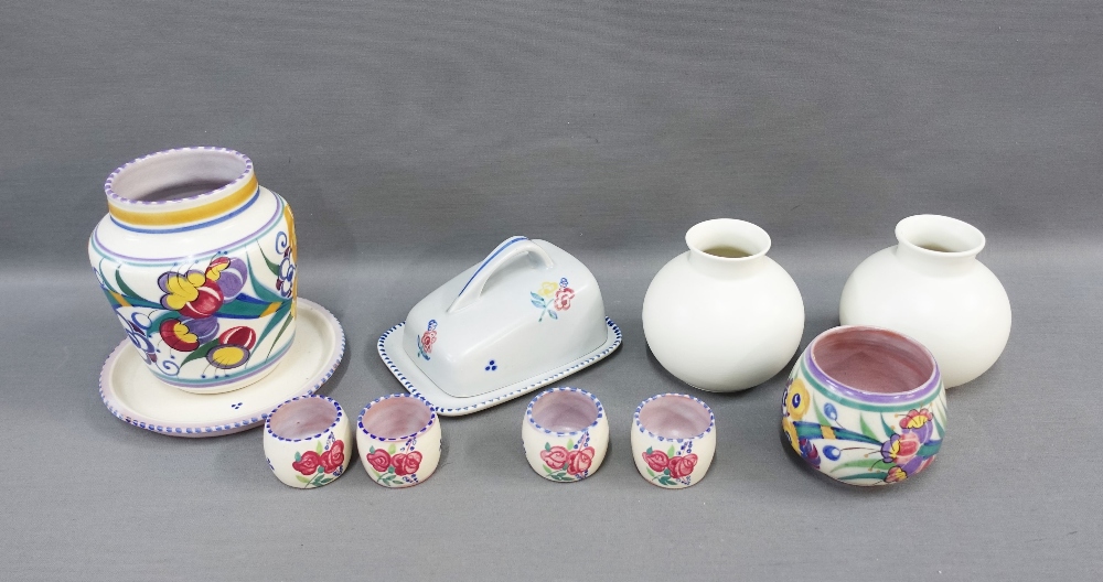 Collection of Poole Pottery to include a pair of white glazed ovoid vases, butte dish, egg cups