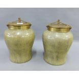 Pair of faux shagreen pottery temple jar with brass covers and mounts, 31cm high (2)