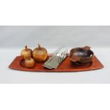 Retro teak tray, 53cm long, set of three apple shape wooden boxes and a stainless steel toast