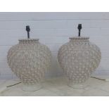 Pair of grey pottery table lamp bases, of large ovoid form with textured body, 46 x 34cm (2)