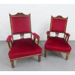 A pair of Edwardian mahogany framed His & Her armchairs with red upholstered back, arms and seat,