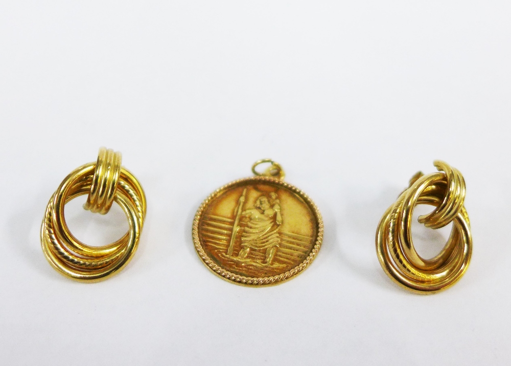 9ct gold St Christopher pendant and a pair of 9ct gold earrings (2)