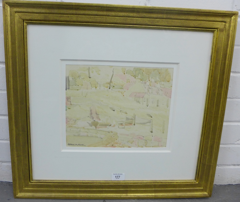 Jessie. M. King (1875 - 1949) The Village, Arran, Watercolour, signed, Framed under glass with a - Image 2 of 3