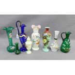 19th century and later coloured and enamelled glass to include ewer, vases etc, tallest 32cm (7)
