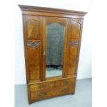 Mahogany and burr wood wardrobe with central mirror door and two drawers to the base, 207 x 132cm