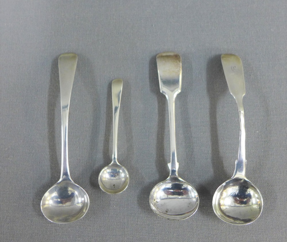 Georgian silver mustard spoon, Victorian silver mustard spoon and salt spoon and an Epns condiment