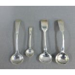 Georgian silver mustard spoon, Victorian silver mustard spoon and salt spoon and an Epns condiment