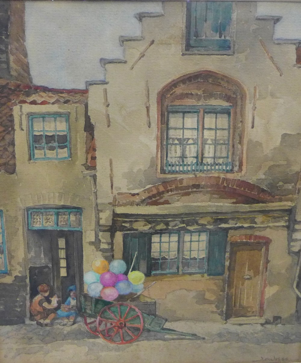 20th Century School, Street scene with children wheel barrow and balloons, watercolour, signed