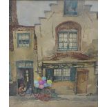 20th Century School, Street scene with children wheel barrow and balloons, watercolour, signed