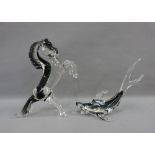 Two art glass animal sculptures to include a dolphin and a rearing horse, tallest 25cm (2)