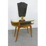 Mid century light wood and mirrored glass dressing table on outswept legs, 140 x 91cm