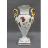 French porcelain urn vase with gilded swan neck handles to side, the white ground painted with