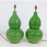 Stylish pair of spinach green glazed double gourd table lamp bases, or large proportions, 50cm