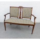 Edwardian mahognay and inlaid parlour two seat settee, with floral upholstered back and seat, 93 x