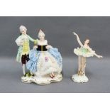 Dresden porcelain figure group together with another of another of a ballerina, tallest 12cm (2)