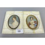 Pair of 19th century framed ivory portrait miniatures, 11 x 14cm overall (2)