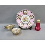 The Great Exhibition tin plate, cranberry glass sugar castor, etc (4)