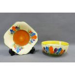 Clarice Cliff, Bizarre, Crocus pattern trinket dish and small bowl, 11cm diameter, (2)