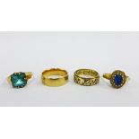 9ct gold wedding band, 9ct gold eternity ring and two 9ct gold gemset rings (4)