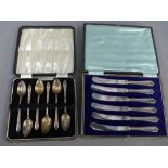 Cased set of six Birmingham silver teaspoons, and six silver handled butter knives (a lot)