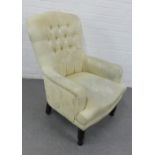 Cream damask style, button back upholstered armchair, 94 x 65cm