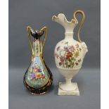 Continental porcelain fruit patterned vase and a Royal Worcester style ewer vase, tallest 22cm 92)