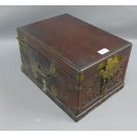 Chinese brass bound box with hinged lid, doors to front and handles to side, (a/f) 37 x 27cm