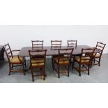 A modern dining room table and set of eight ribbon ladderback chairs with striped upholstered seats,