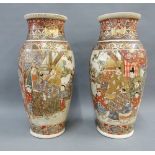 Pair of large Japanese earthenware Satsuma vases, each finely painted with warrior figures, 36cm