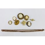 Gilt metal long chain, four cameo brooches, late Victorian seed pearl brooch and another of