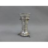Eastern white metal vase, with flared rim, lion mask heads and engraved pattern, on a circular
