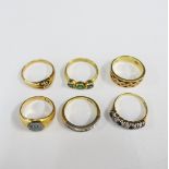 A collection of six 18ct gold gemset rings (6)